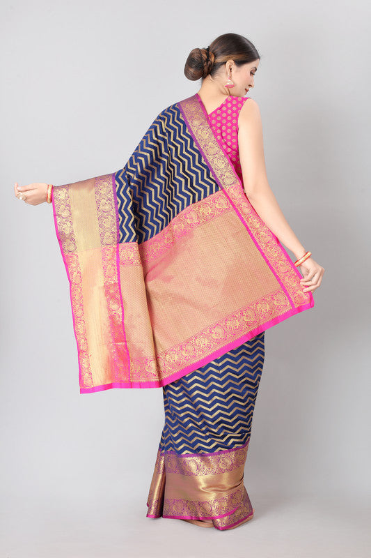 Navy Blue Silk Blend Woven Zari Design Striped Saree with Unstitched Blouse - Hiral Fashion | Grocsy