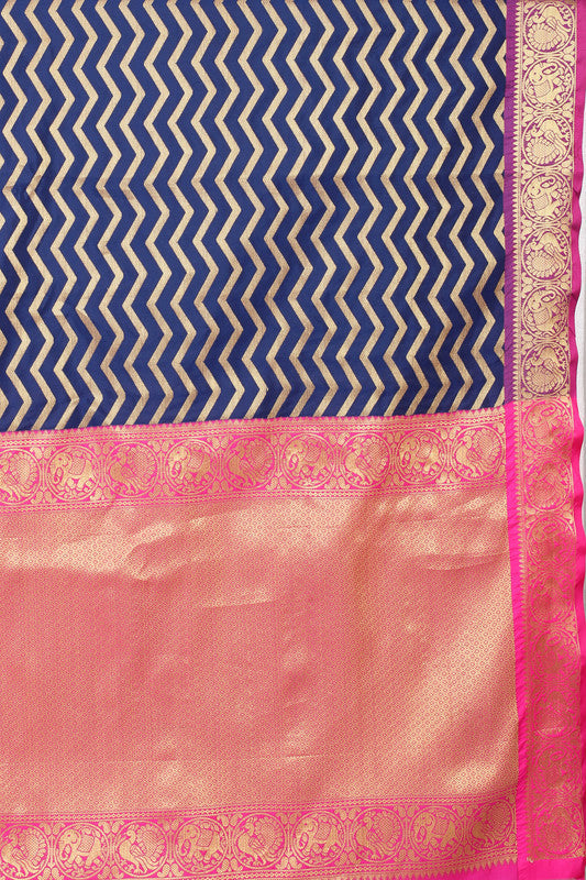 Navy Blue Silk Blend Woven Zari Design Striped Saree with Unstitched Blouse - Hiral Fashion | Grocsy