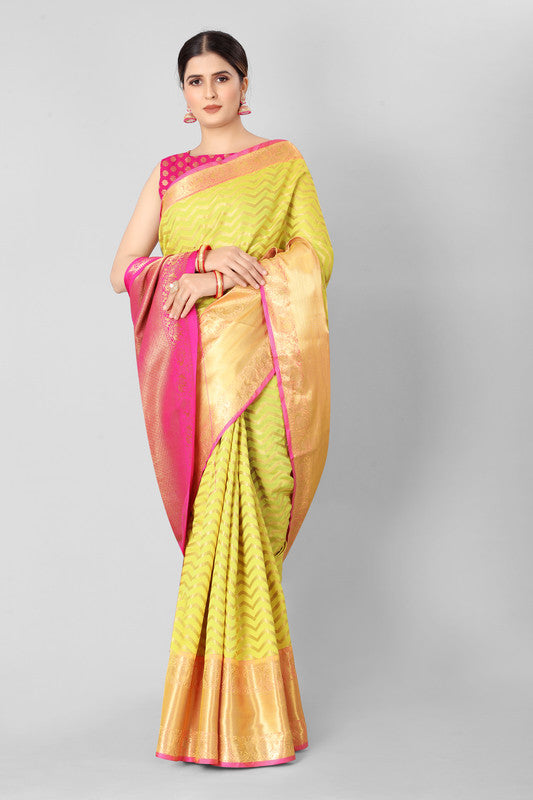 Yellow Silk Blend Woven Zari Design Striped Saree with Unstitched Blouse - Hiral Fashion | Grocsy