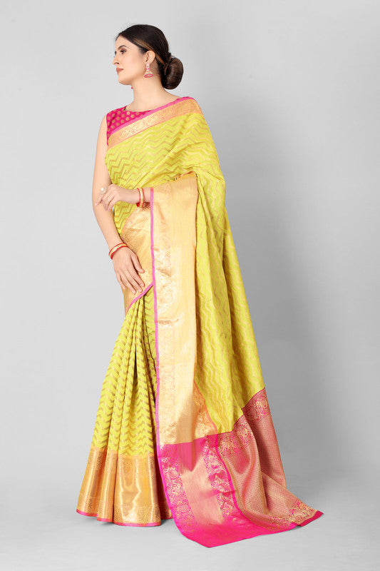 Yellow Silk Blend Woven Zari Design Striped Saree with Unstitched Blouse - Hiral Fashion | Grocsy