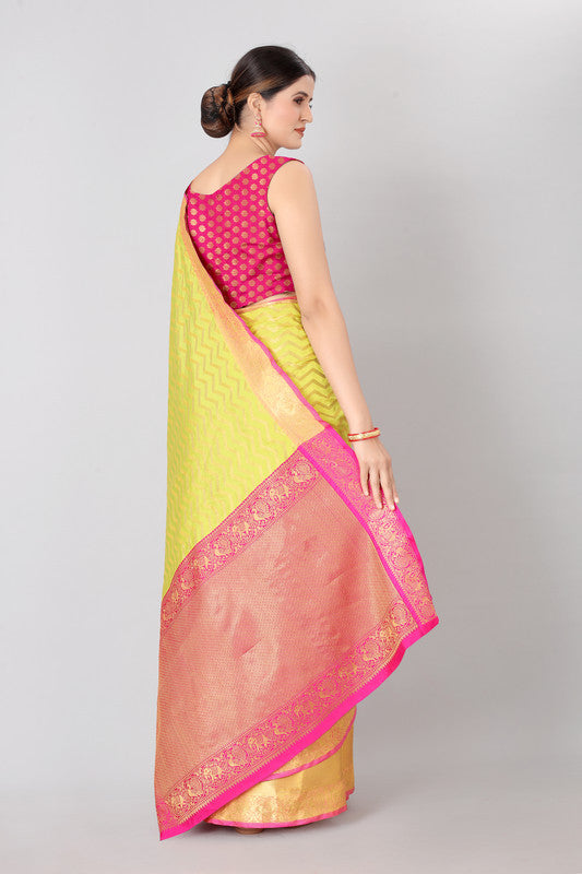 Yellow Silk Blend Woven Zari Design Striped Saree with Unstitched Blouse - Hiral Fashion | Grocsy