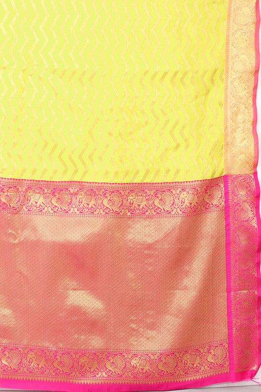 Yellow Silk Blend Woven Zari Design Striped Saree with Unstitched Blouse - Hiral Fashion | Grocsy