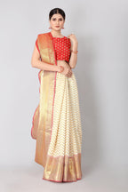 White Silk Blend Woven Zari Design Striped Saree with Unstitched Blouse - Hiral Fashion | Grocsy