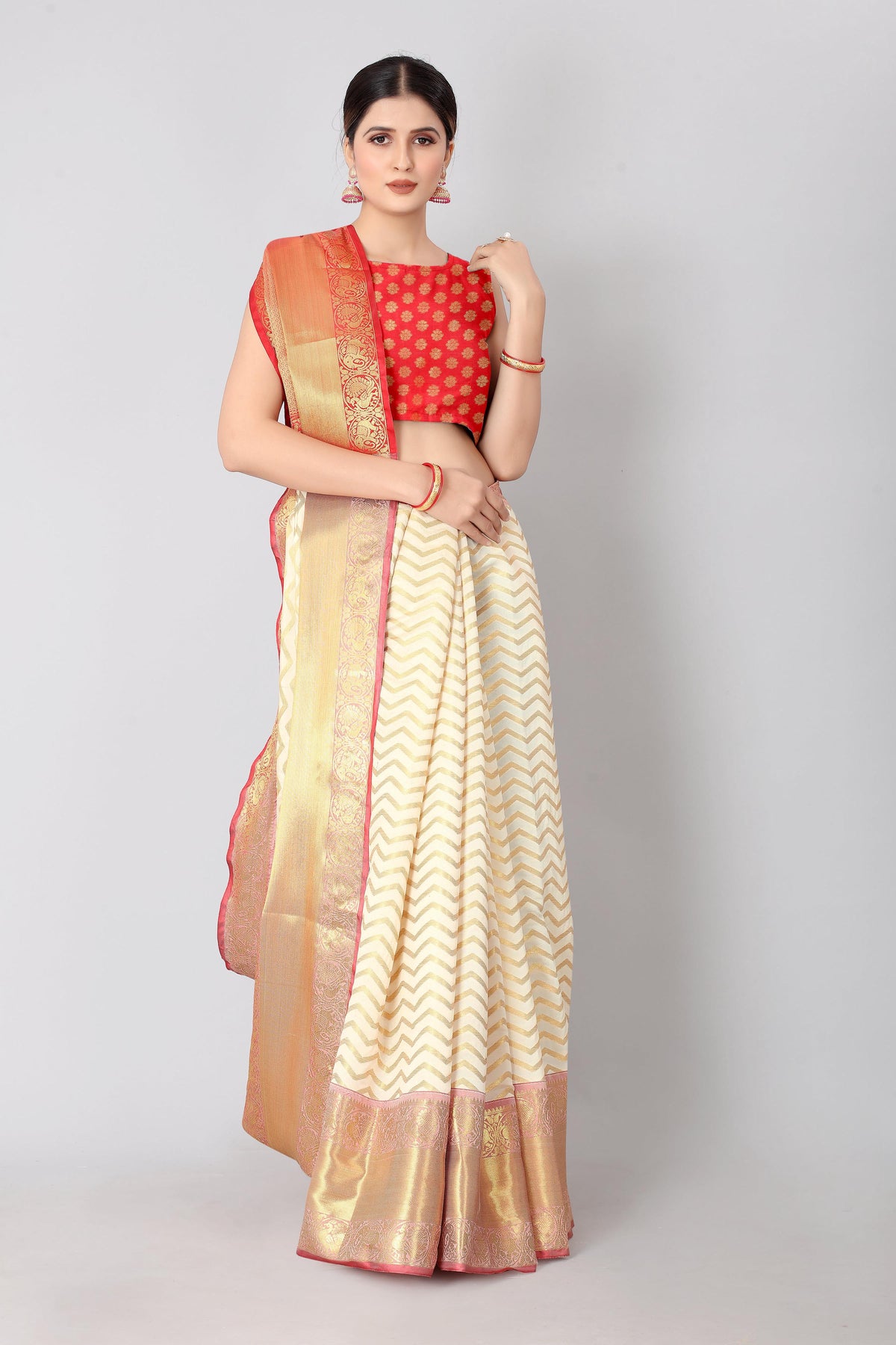 White Silk Blend Woven Zari Design Striped Saree with Unstitched Blouse - Hiral Fashion | Grocsy