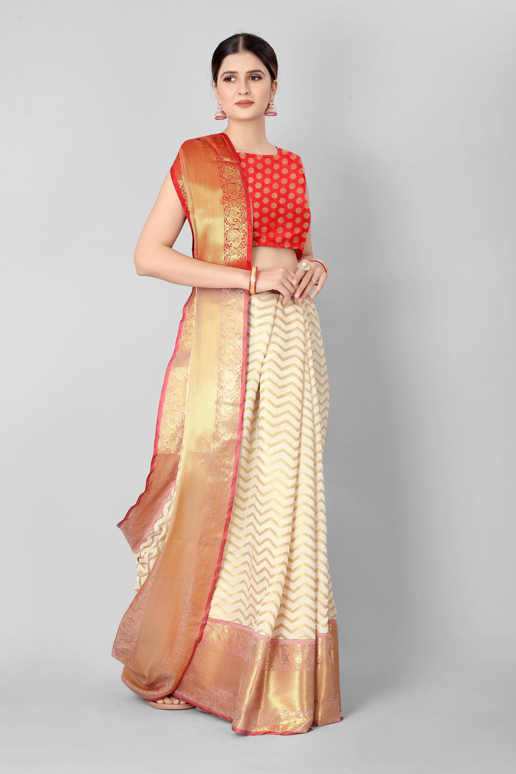 White Silk Blend Woven Zari Design Striped Saree with Unstitched Blouse - Hiral Fashion | Grocsy