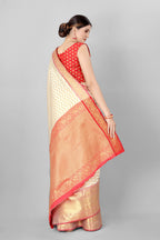 White Silk Blend Woven Zari Design Striped Saree with Unstitched Blouse - Hiral Fashion | Grocsy