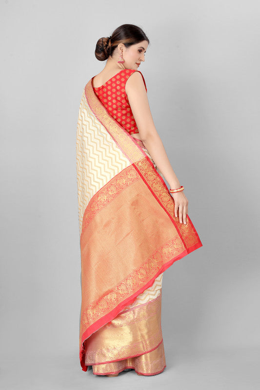 White Silk Blend Woven Zari Design Striped Saree with Unstitched Blouse - Hiral Fashion | Grocsy
