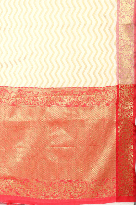 White Silk Blend Woven Zari Design Striped Saree with Unstitched Blouse - Hiral Fashion | Grocsy