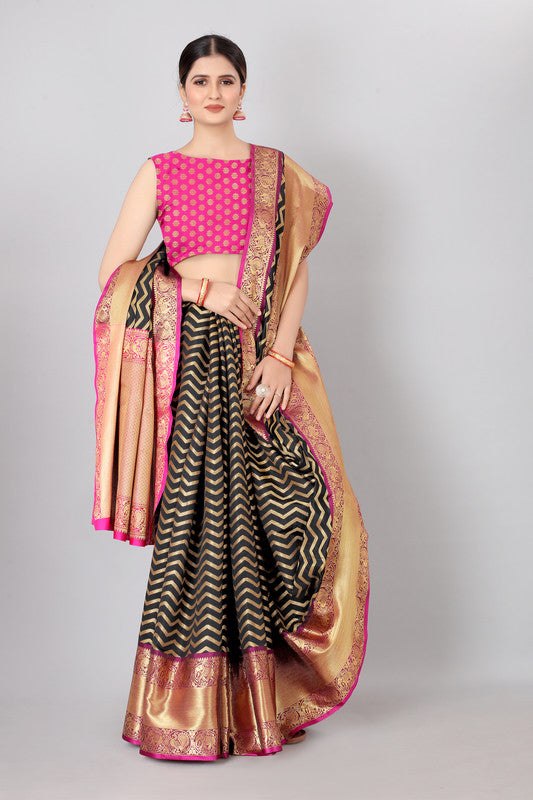Black Silk Blend Woven Zari Design Striped Saree with Unstitched Blouse - Hiral Fashion | Grocsy
