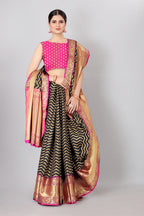 Black Silk Blend Woven Zari Design Striped Saree with Unstitched Blouse - Hiral Fashion | Grocsy