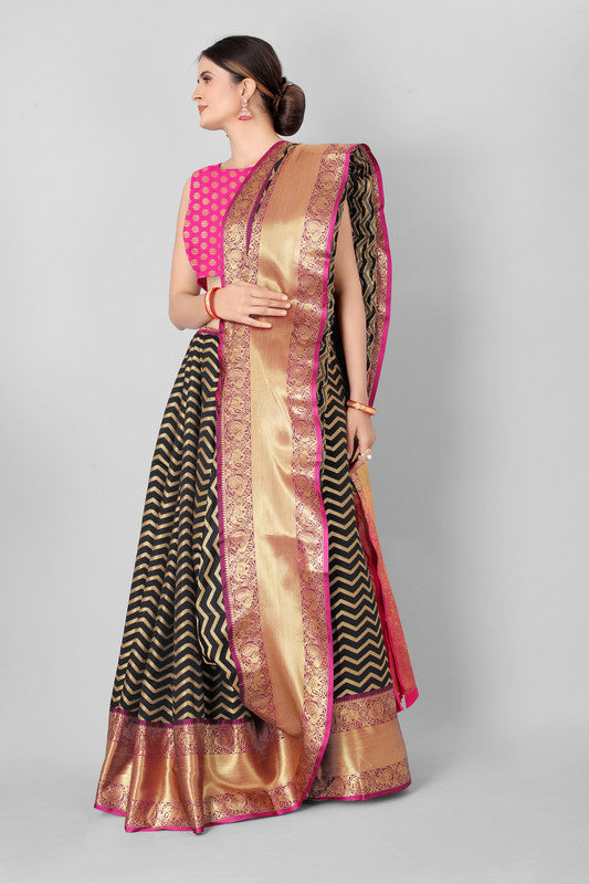 Black Silk Blend Woven Zari Design Striped Saree with Unstitched Blouse - Hiral Fashion | Grocsy