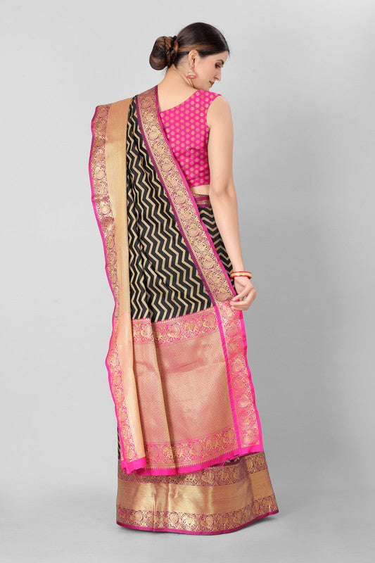 Black Silk Blend Woven Zari Design Striped Saree with Unstitched Blouse - Hiral Fashion | Grocsy
