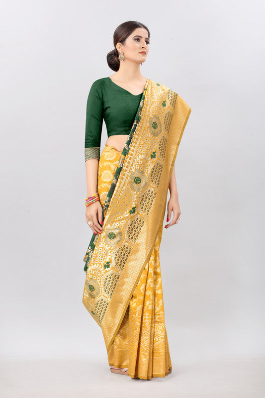 Mustard Pure Silk Embellished Floral Saree with Unstitched Blouse - Hiral Fashion | Grocsy