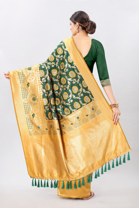 Mustard Pure Silk Embellished Floral Saree with Unstitched Blouse - Hiral Fashion | Grocsy