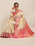 Beige Jute Silk Woven Zari Design Geomatric Saree with Unstitched Blouse - Hiral Fashion | Grocsy