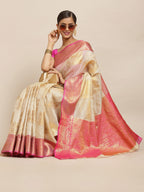 Beige Jute Silk Woven Zari Design Geomatric Saree with Unstitched Blouse - Hiral Fashion | Grocsy