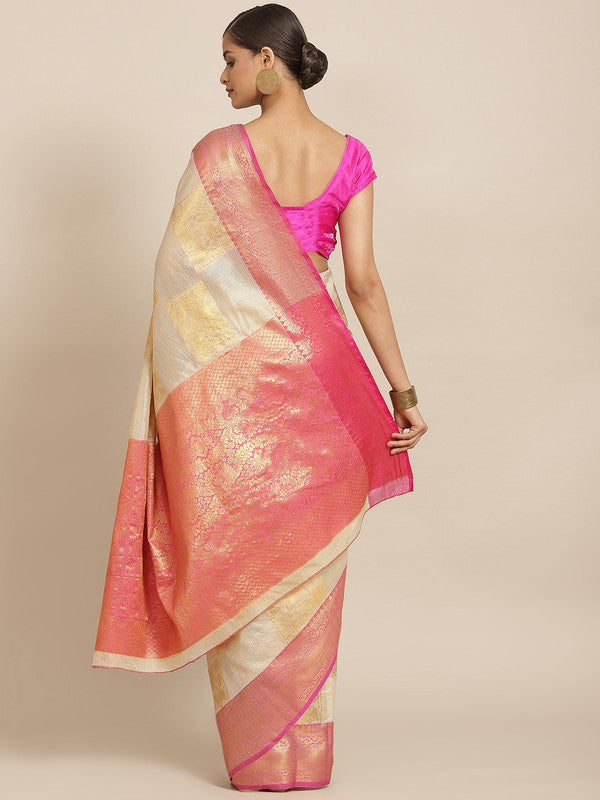 Beige Jute Silk Woven Zari Design Geomatric Saree with Unstitched Blouse - Hiral Fashion | Grocsy