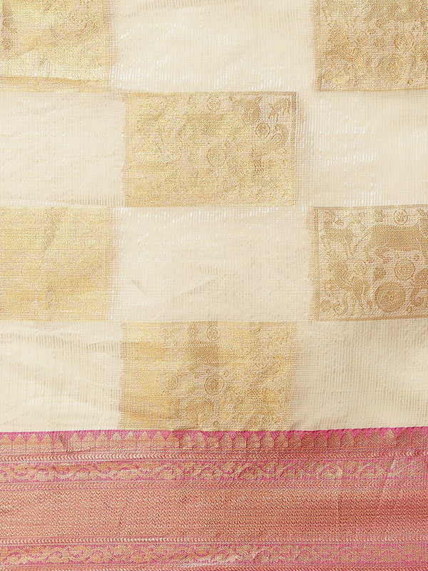 Beige Jute Silk Woven Zari Design Geomatric Saree with Unstitched Blouse - Hiral Fashion | Grocsy