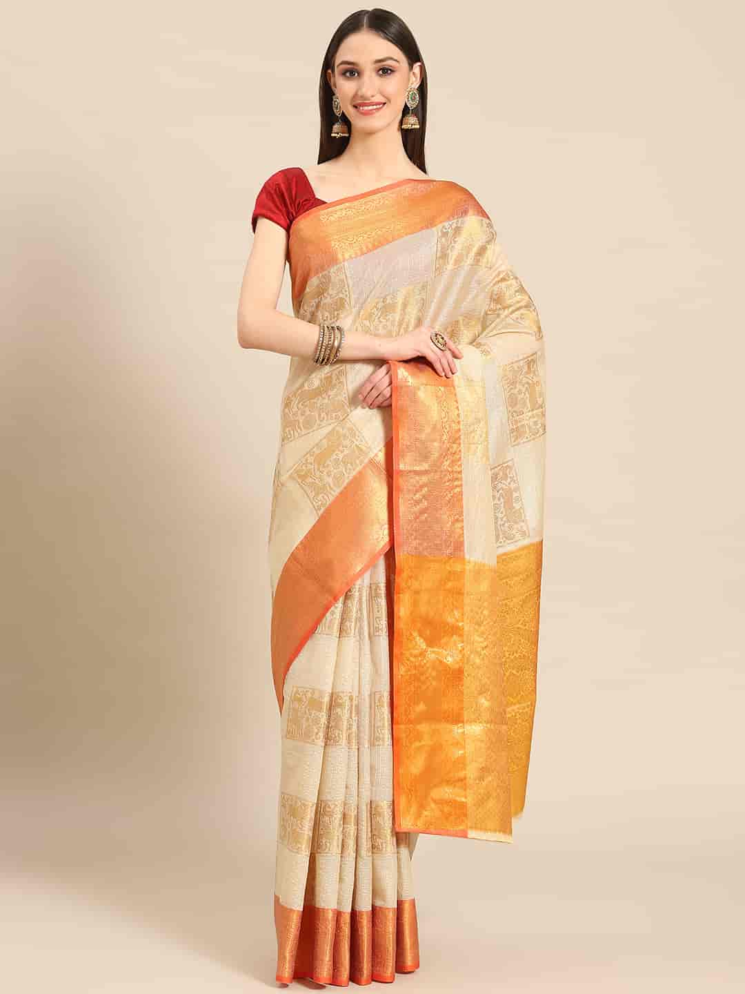 Beige Jute Silk Embellished Geomatric Saree with Unstitched Blouse - Hiral Fashion | Grocsy