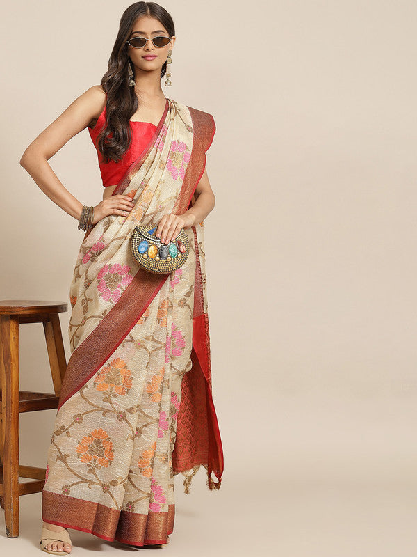 Beige Tusser Silk Woven Zari Design Floral Saree with Unstitched Blouse - Hiral Fashion | Grocsy