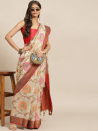 Beige Tusser Silk Woven Zari Design Floral Saree with Unstitched Blouse - Hiral Fashion | Grocsy