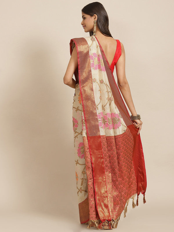 Beige Tusser Silk Woven Zari Design Floral Saree with Unstitched Blouse - Hiral Fashion | Grocsy