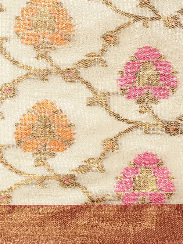 Beige Tusser Silk Woven Zari Design Floral Saree with Unstitched Blouse - Hiral Fashion | Grocsy
