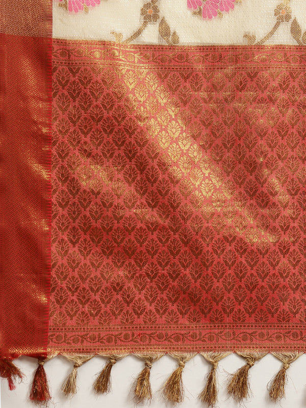 Beige Tusser Silk Woven Zari Design Floral Saree with Unstitched Blouse - Hiral Fashion | Grocsy