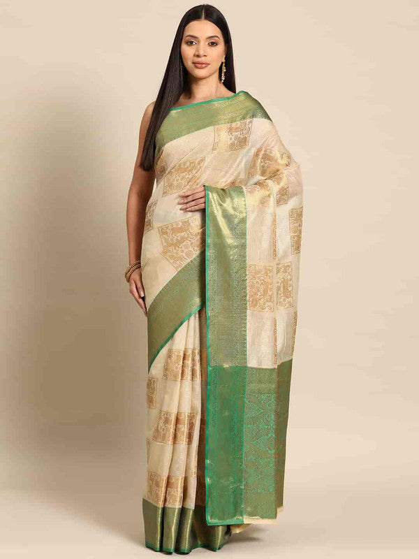 Beige Jute Silk Embellished Geomatric Saree with Unstitched Blouse - Hiral Fashion | Grocsy