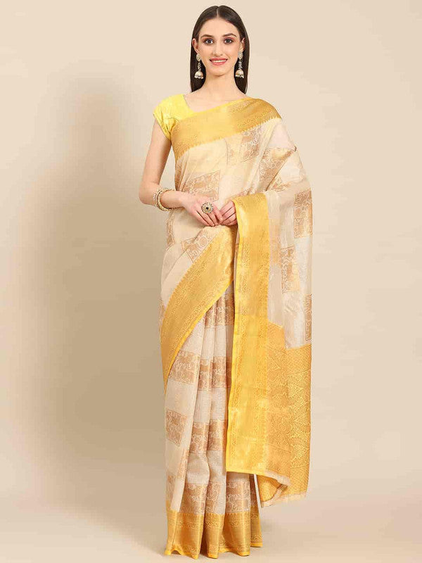 Beige Jute Silk Embellished Geomatric Saree with Unstitched Blouse - Hiral Fashion | Grocsy