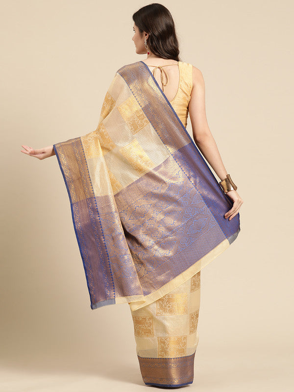 Beige Jute Silk Woven Zari Design Geomatric Saree with Unstitched Blouse - Hiral Fashion | Grocsy