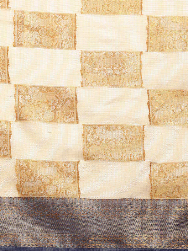 Beige Jute Silk Woven Zari Design Geomatric Saree with Unstitched Blouse - Hiral Fashion | Grocsy