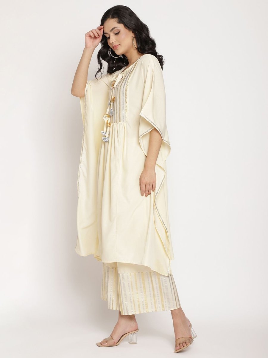 Ahalyaa Women Off White Printed Gotta Patti Kaftan Style Kurta With Palazzos | Grocsy