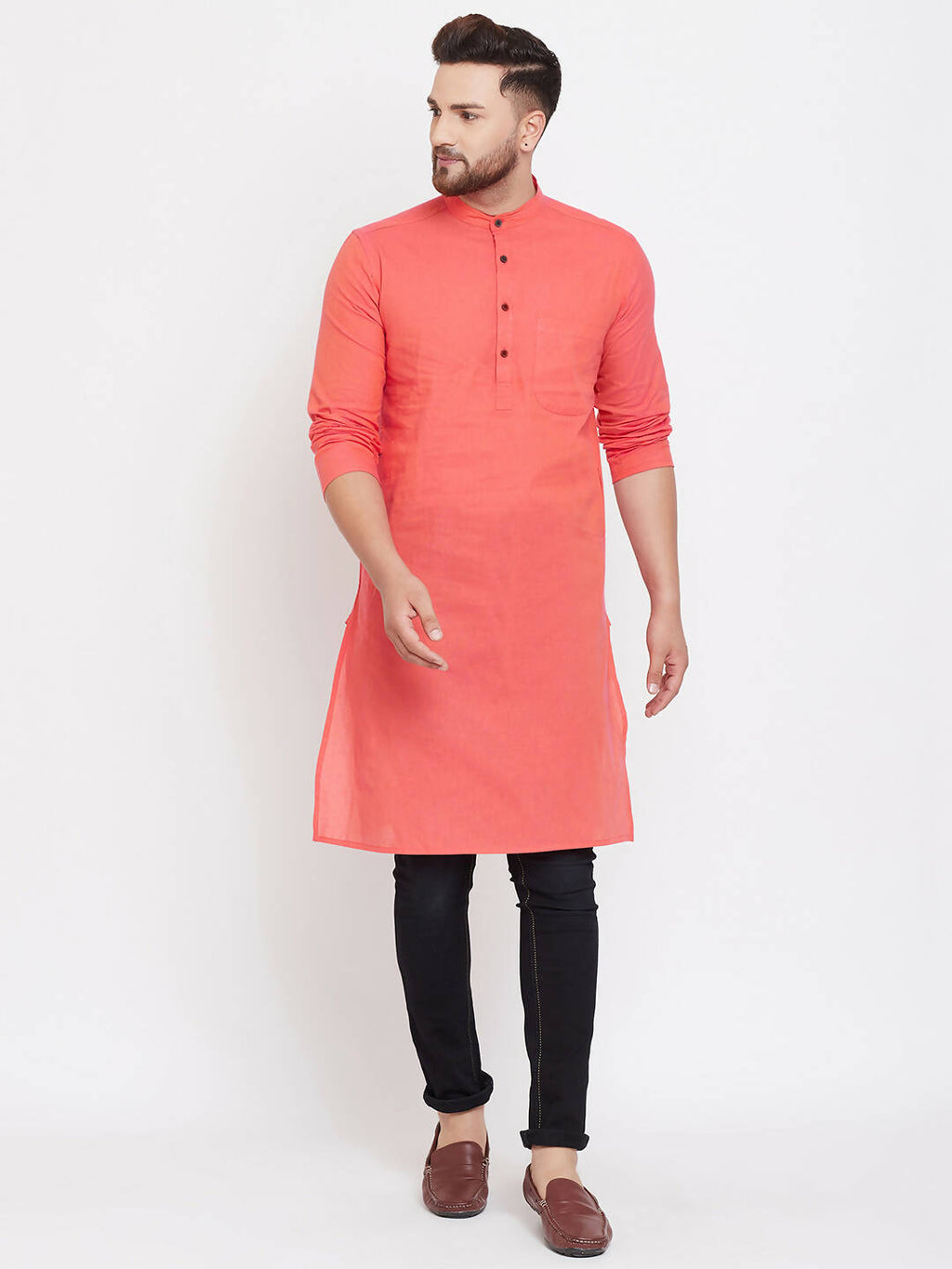 Even Apparels Red Pure Cotton Men's Kurta With Band Collar | Grocsy
