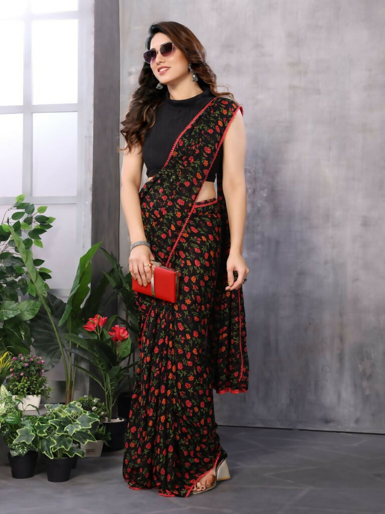 Partywear Designer Black & Red Georgette Fancy Saree - Satrangi | Grocsy