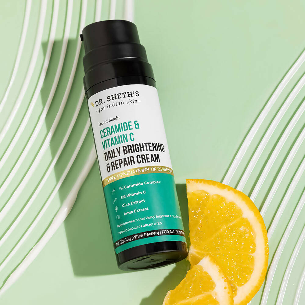 Dr. Sheth's Ceramide & Vitamin C Daily Brightening & Repair Face Cream With 5% Vitamin C, Cica & Amla, Brightens & Repairs Skin - Limited Time Offer | Grocsy
