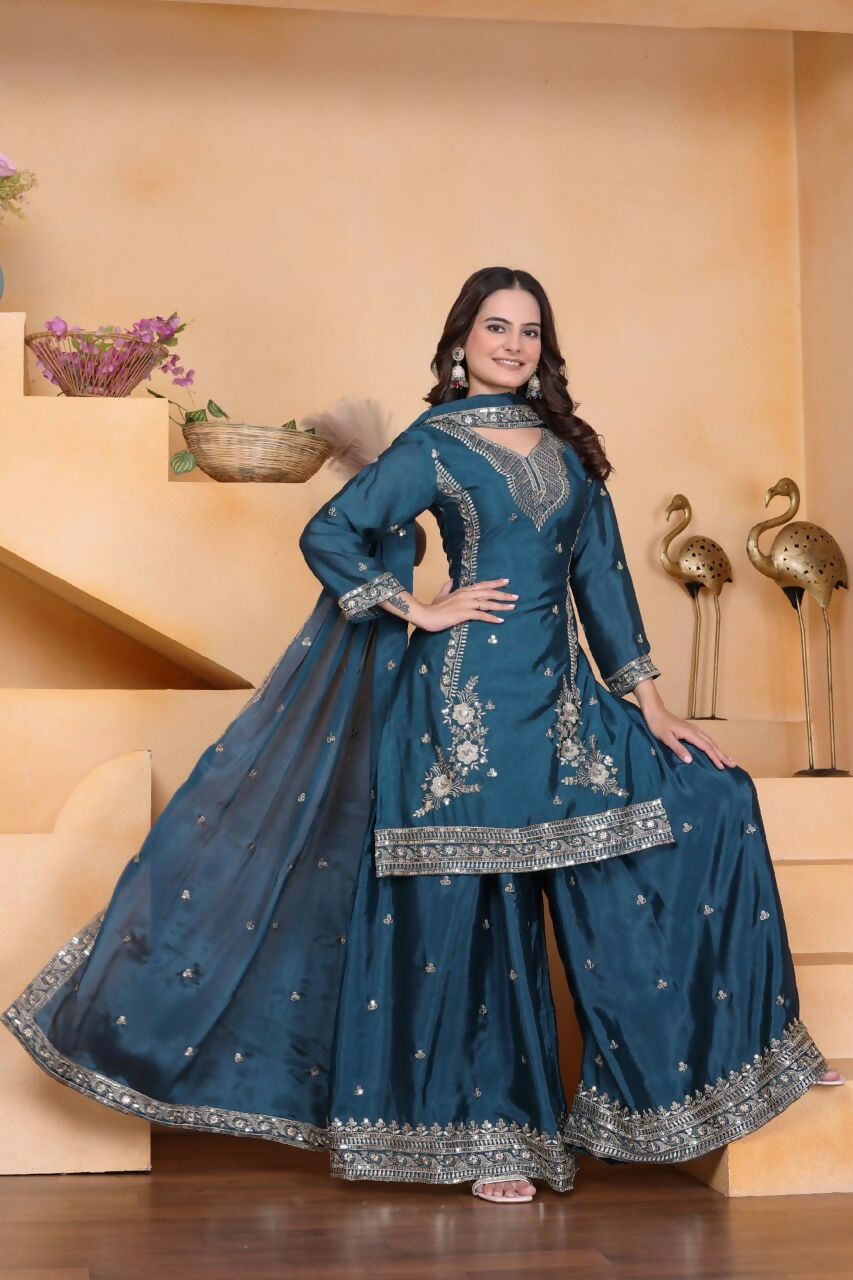 Teeya Creation Teal Color Chinon Silk Wedding Wear Trending Palazzo Set | Grocsy
