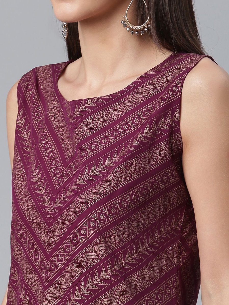 Ahalyaa Wine Crepe Glitter Print Kurta with Sharara and dupatta Set | Grocsy