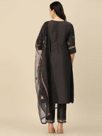 Black Embroidered Chinon Straight Kurta With Trouser & Dupatta - Salimar | Grocsy