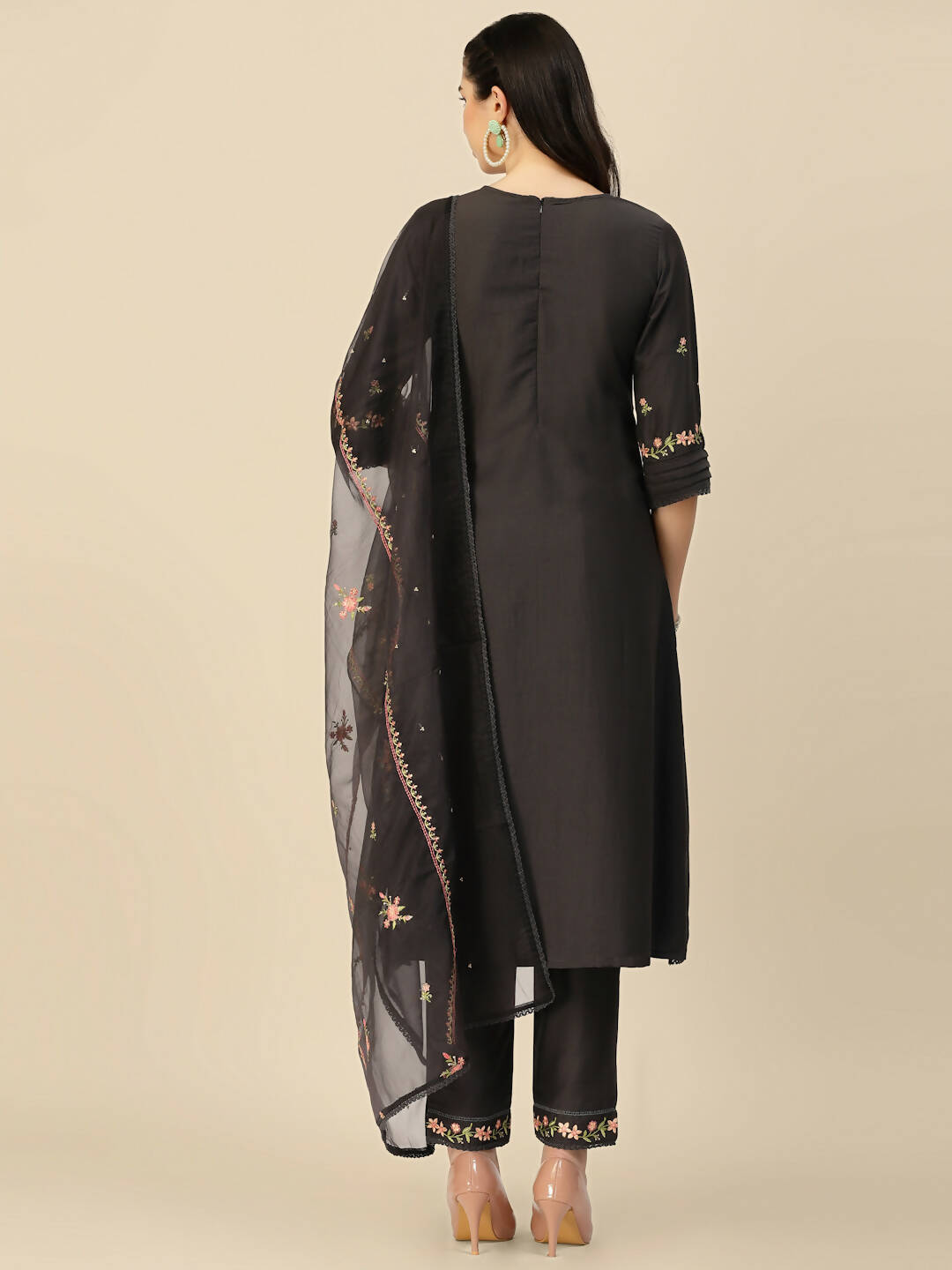 Black Embroidered Chinon Straight Kurta With Trouser & Dupatta - Salimar | Grocsy