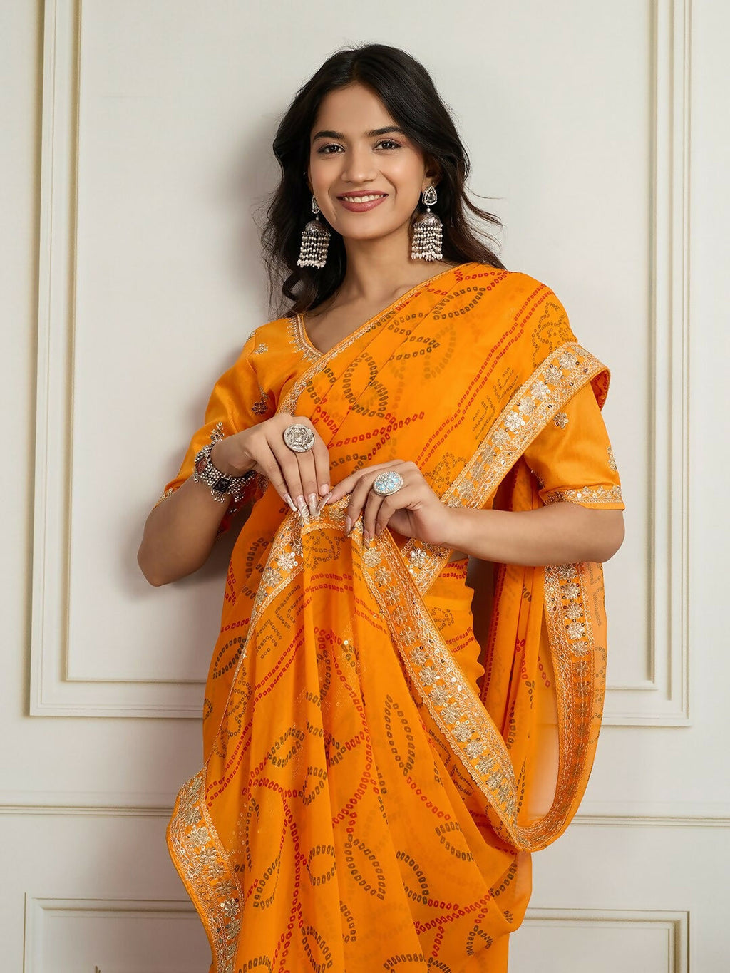 Ai Fashion Yellow Georgette Rajwadi Bandhani Print Party Wear Saree | Grocsy