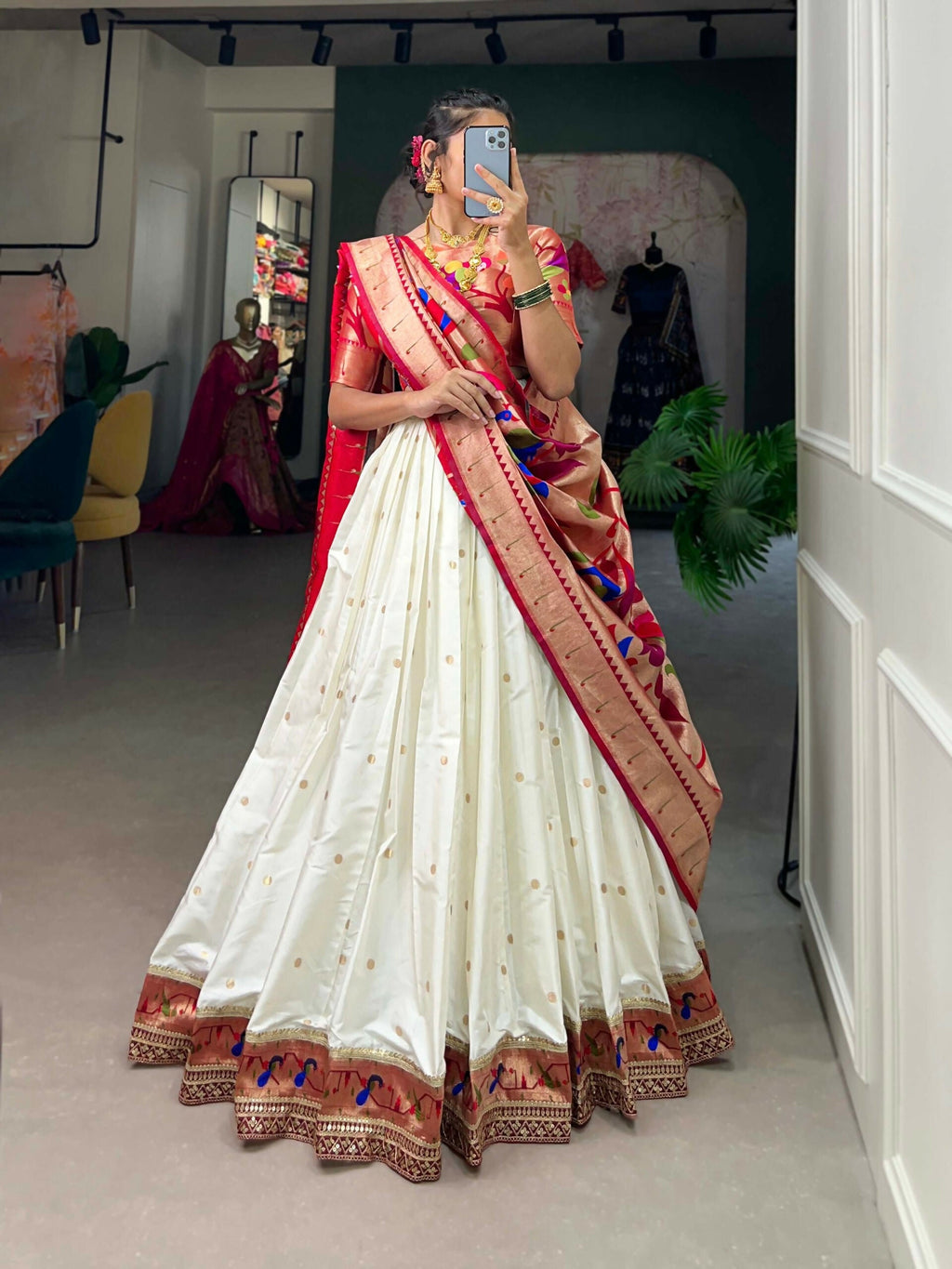 Vastranavya Perfect Classic And Contemporary Fashion Paithani Lehenga Choli - White | Grocsy