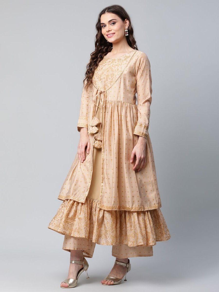 Ahalyaa Womens Beige Chanderi Kurta Palazzo Set with Dupatta | Grocsy