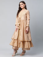 Ahalyaa Womens Beige Chanderi Kurta Palazzo Set with Dupatta | Grocsy