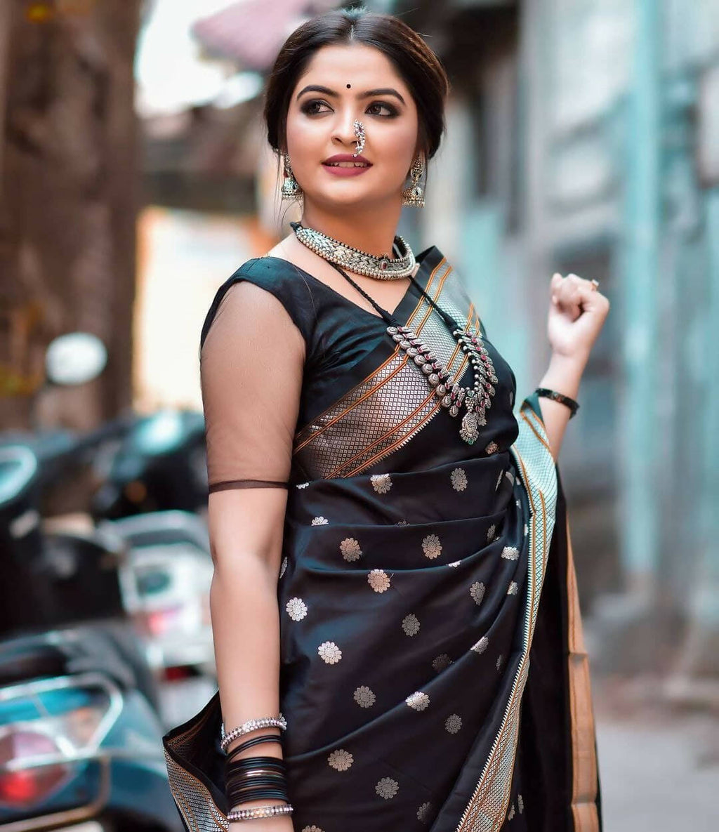 DEIANA'S Beautiful Designer Golden zari Soft Lichi Silk Saree - Black | Grocsy
