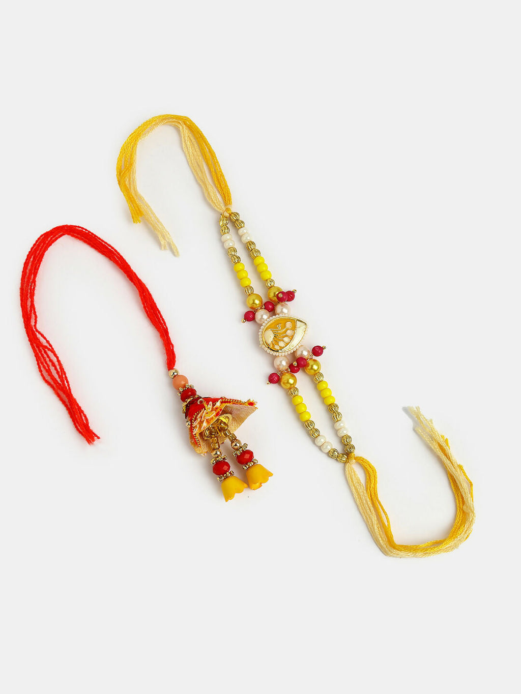 NVR Women & Men Set of 2 Yellow Peacock Design Bhaiya Bhabhi Rakhi With Roli Chawal | Grocsy