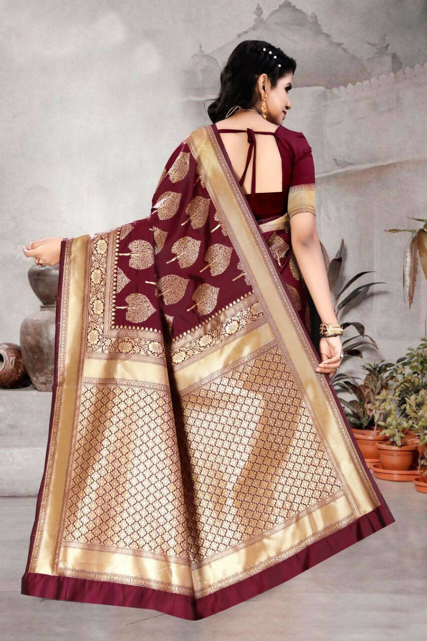 DEIANA'S Beautiful Designer Golden zari Soft Lichi Silk Saree - Maroon | Grocsy