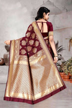 DEIANA'S Beautiful Designer Golden zari Soft Lichi Silk Saree - Maroon | Grocsy