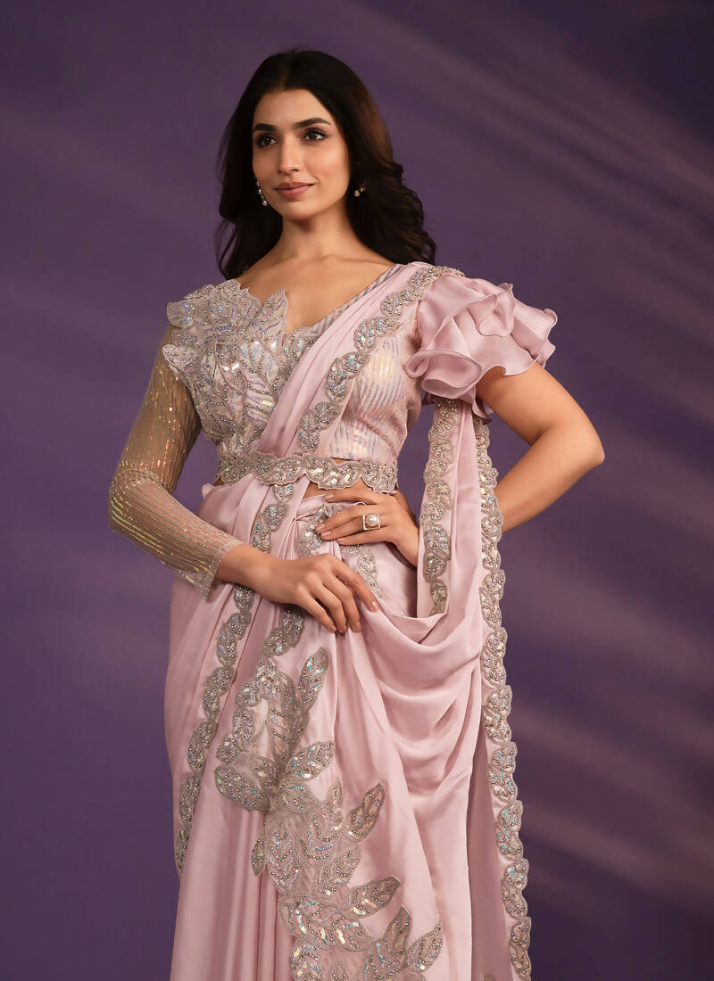 Pink Crepe Satin Silk Embroidered Saree With Stitched Blouse - Mohmanthan Exotica | Grocsy