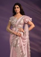 Pink Crepe Satin Silk Embroidered Saree With Stitched Blouse - Mohmanthan Exotica | Grocsy